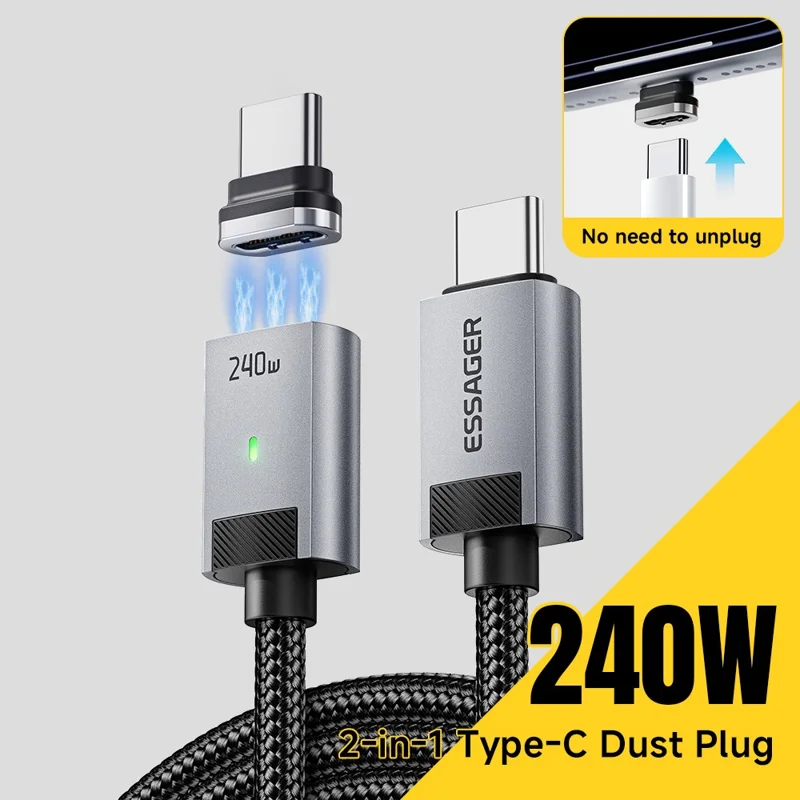 ESSAGER ES-X95 1m Magnetic Type-C to Type-C Charging Data Cable 240W 480Mbps Data Cord - Grey