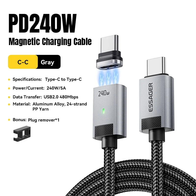 ESSAGER ES-X95 2m Magnetic Type-C to Type-C Charging Data Cable 240W 480Mbps Data Cord - Grey