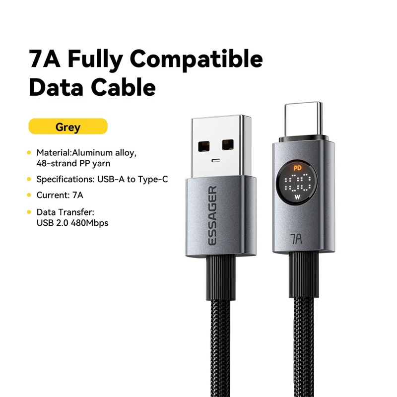 ESSAGER ES-X89 Cable USB-A a USB-C de 25 cm con Pantalla Digital 7A y Transferencia de Datos de 480 Mbps - Gris