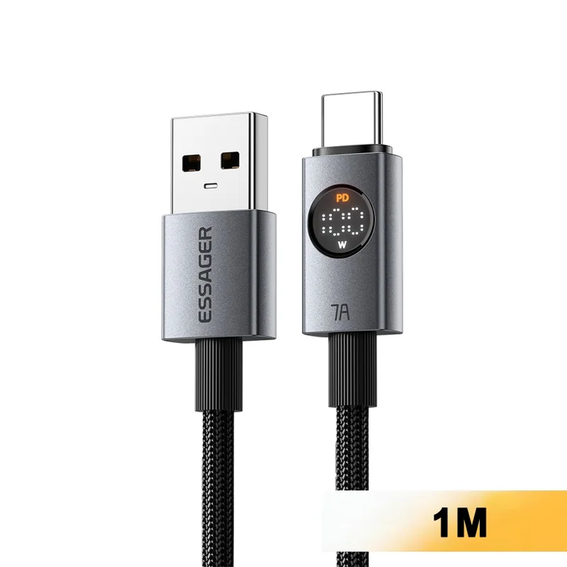 ESSAGER ES-X89 1m USB-A to USB-C Cable 7A Digital Display 480Mbps Data Transfer Cord - Grey