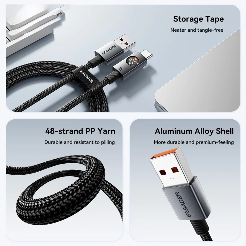ESSAGER ES-X89 1m USB-A to USB-C Cable 7A Digital Display 480Mbps Data Transfer Cord - Grey