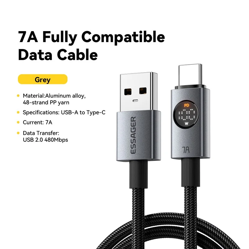 ESSAGER ES-X89 1m USB-A to USB-C Cable 7A Digital Display 480Mbps Data Transfer Cord - Grey
