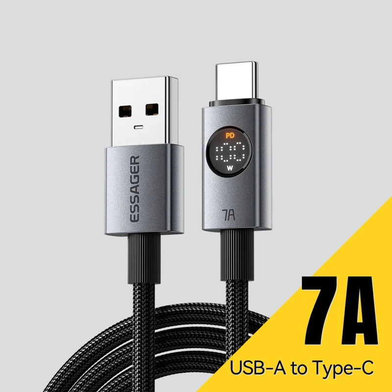 ESSAGER ES-X89 1m USB-A to USB-C Cable 7A Digital Display 480Mbps Data Transfer Cord - Grey