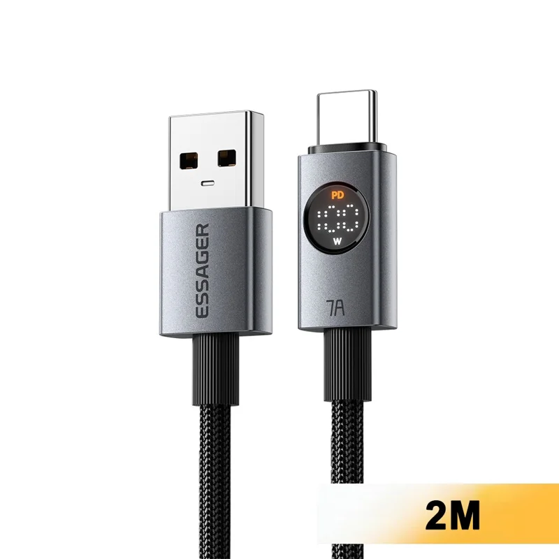 ESSAGER ES-X89 2m USB-A to USB-C Cable 7A Digital Display 480Mbps Data Transfer Cord - Grey