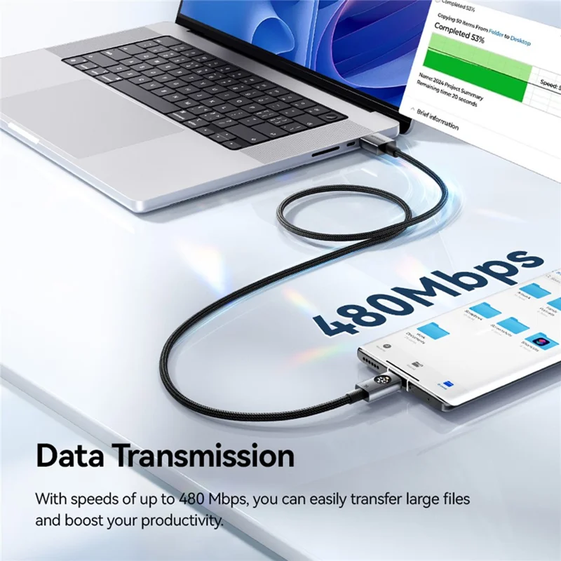 ESSAGER ES-X89 2m USB-A to USB-C Cable 7A Digital Display 480Mbps Data Transfer Cord - Grey