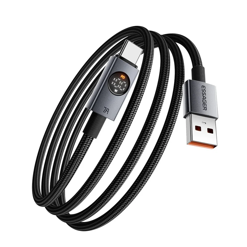 ESSAGER ES-X89 2m USB-A to USB-C Cable 7A Digital Display 480Mbps Data Transfer Cord - Grey