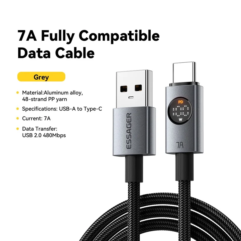 ESSAGER ES-X89 2m USB-A to USB-C Cable 7A Digital Display 480Mbps Data Transfer Cord - Grey
