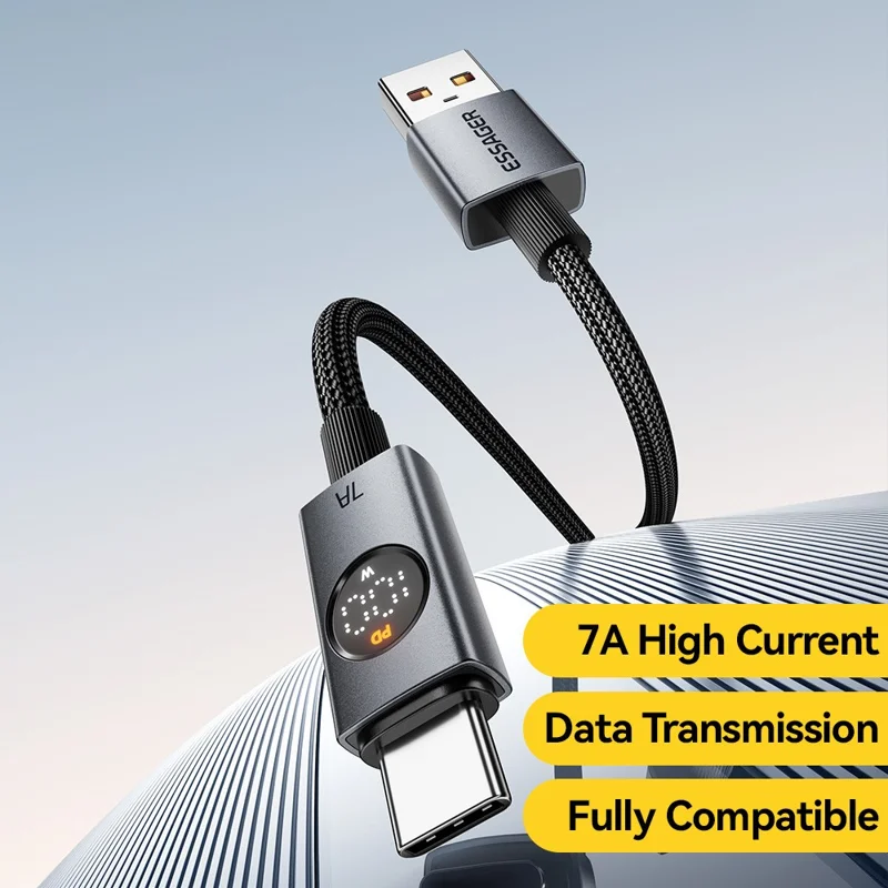 ESSAGER ES-X89 2m USB-A to USB-C Cable 7A Digital Display 480Mbps Data Transfer Cord - Grey