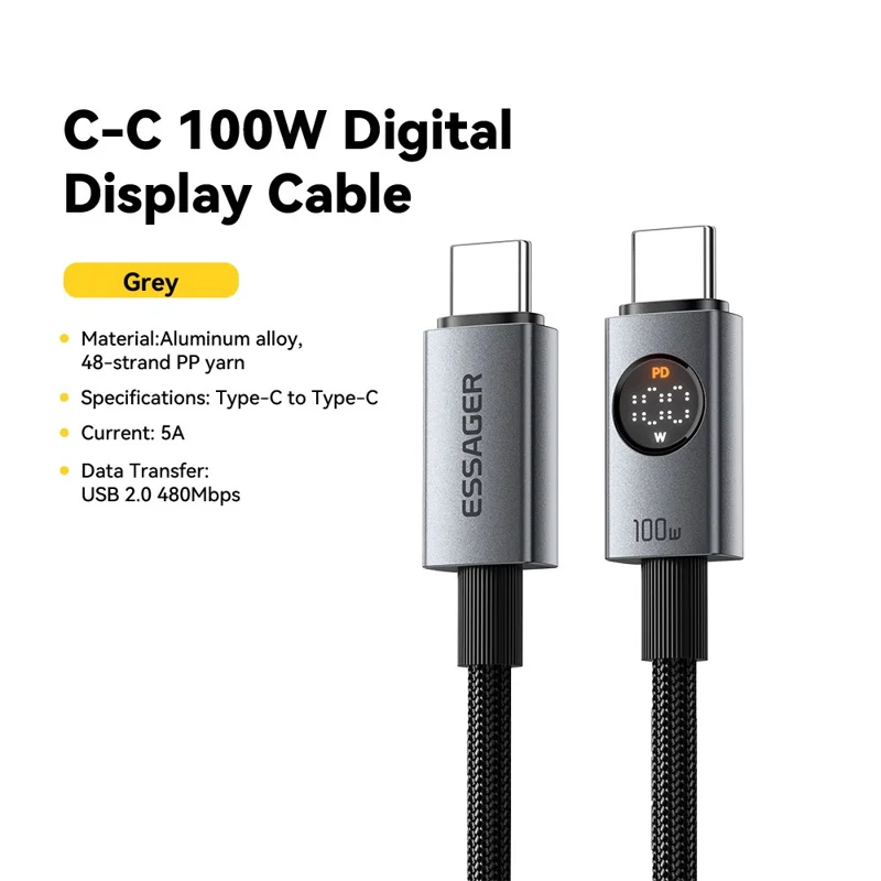 ESSAGER ES-X89 25cm Type-C to Type-C Cable 100W 5A LED Power Display USB 2.0 480Mbps Cord - Grey
