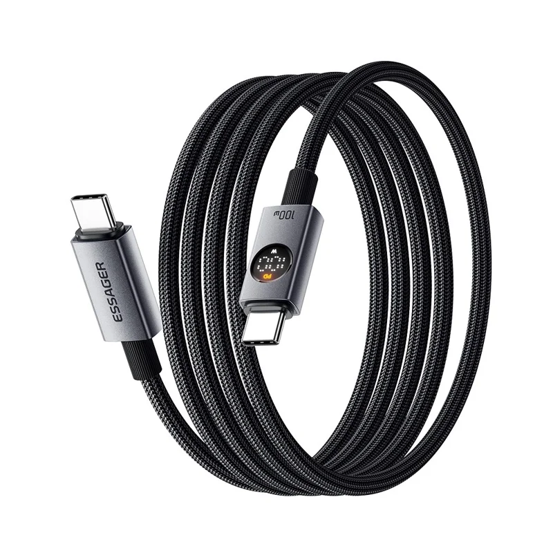 ESSAGER ES-X89 2m Type-C to Type-C Cable 100W 5A LED Power Display USB 2.0 480Mbps Cord - Grey