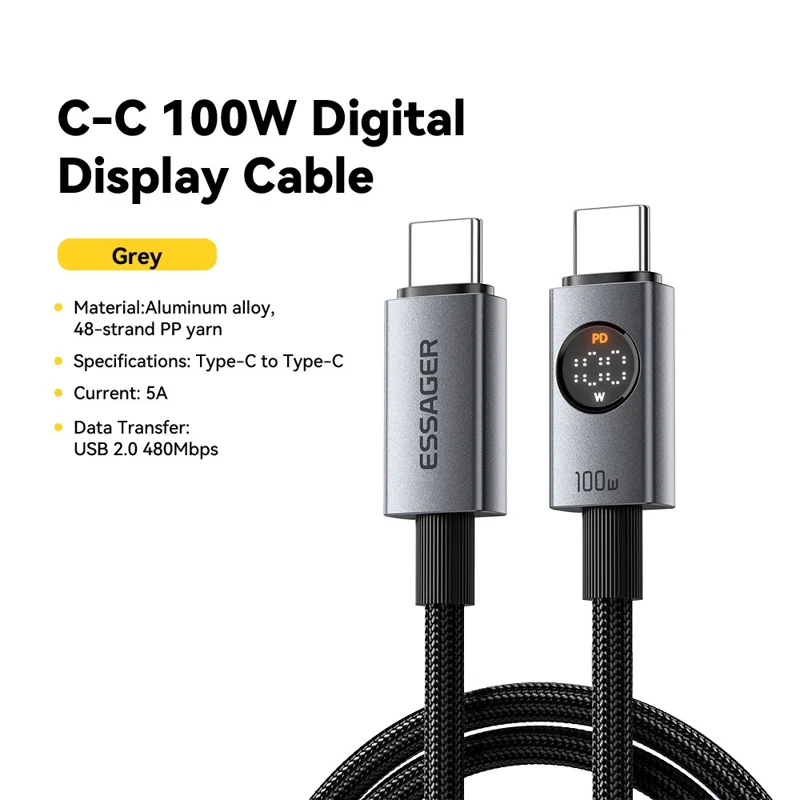 ESSAGER ES-X89 2m Type-C to Type-C Cable 100W 5A LED Power Display USB 2.0 480Mbps Cord - Grey