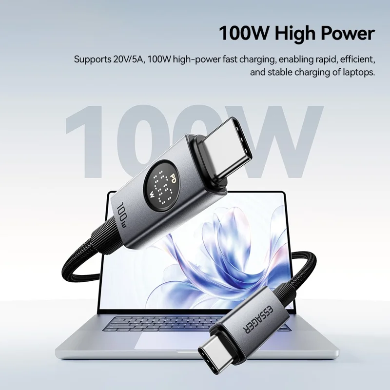 ESSAGER ES-X89 2m Type-C to Type-C Cable 100W 5A LED Power Display USB 2.0 480Mbps Cord - Grey