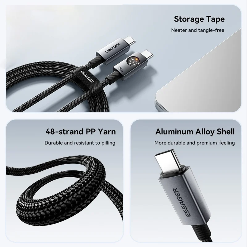 ESSAGER ES-X89 1m Type-C to Type-C Cable 100W 5A LED Power Display USB 2.0 480Mbps Cord - Grey