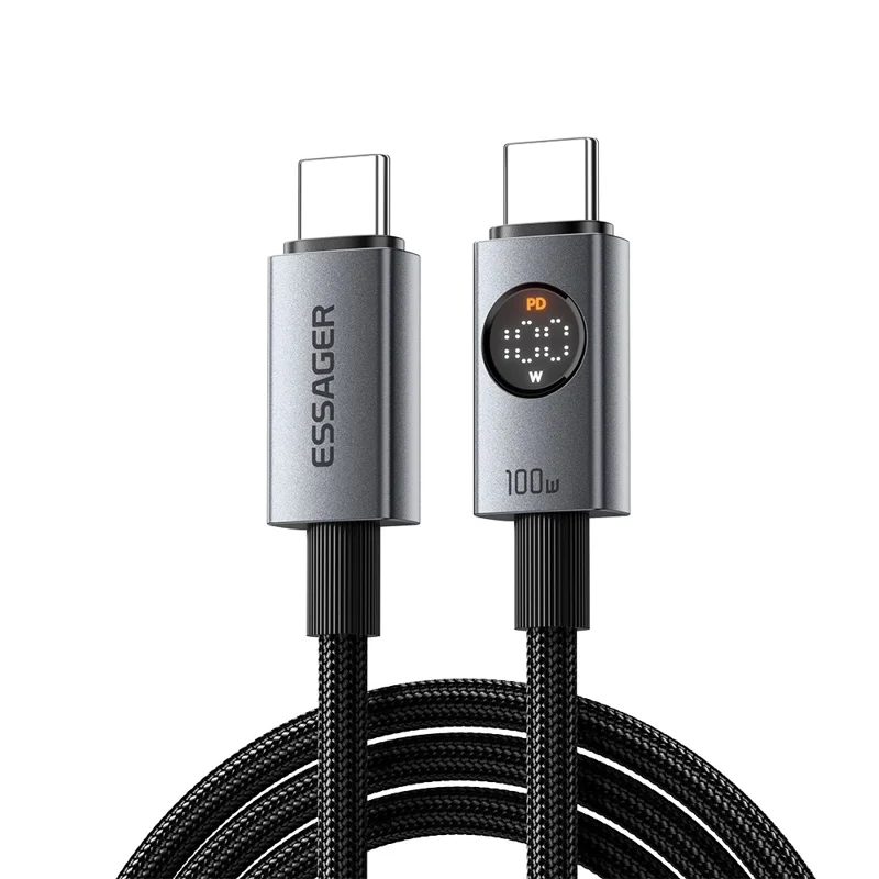 ESSAGER ES-X89 1m Type-C to Type-C Cable 100W 5A LED Power Display USB 2.0 480Mbps Cord - Grey