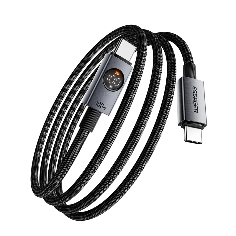 ESSAGER ES-X89 1m Type-C to Type-C Cable 100W 5A LED Power Display USB 2.0 480Mbps Cord - Grey