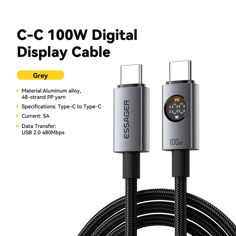 ESSAGER ES-X89 1m Type-C to Type-C Cable 100W 5A LED Power Display USB 2.0 480Mbps Cord - Grey