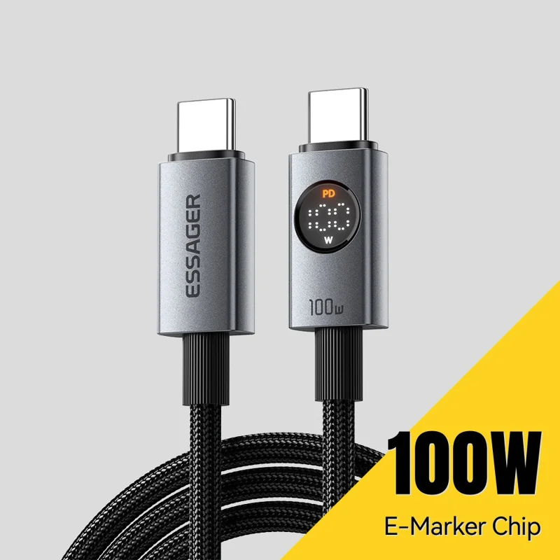 ESSAGER ES-X89 1m Type-C to Type-C Cable 100W 5A LED Power Display USB 2.0 480Mbps Cord - Grey