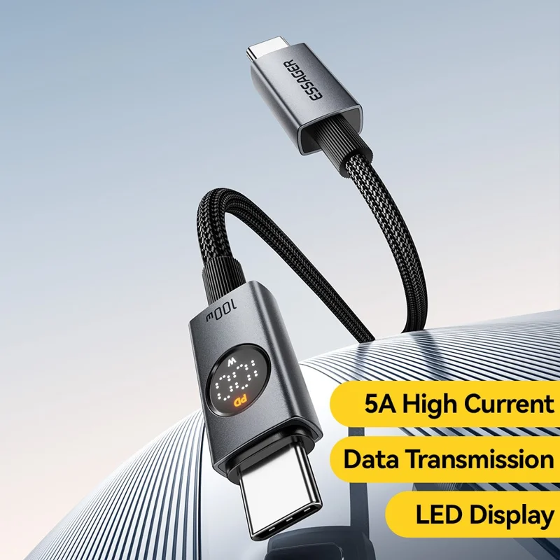 ESSAGER ES-X89 1m Type-C to Type-C Cable 100W 5A LED Power Display USB 2.0 480Mbps Cord - Grey