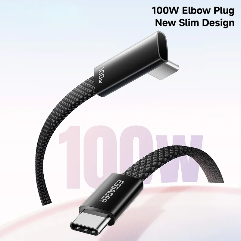 ESSAGER ES-X85 1 м кабель данных с изогнутым разъемом Type-C – Type-C, 100 Вт, 5 А, USB 2.0, 480 Мбит/с, черный