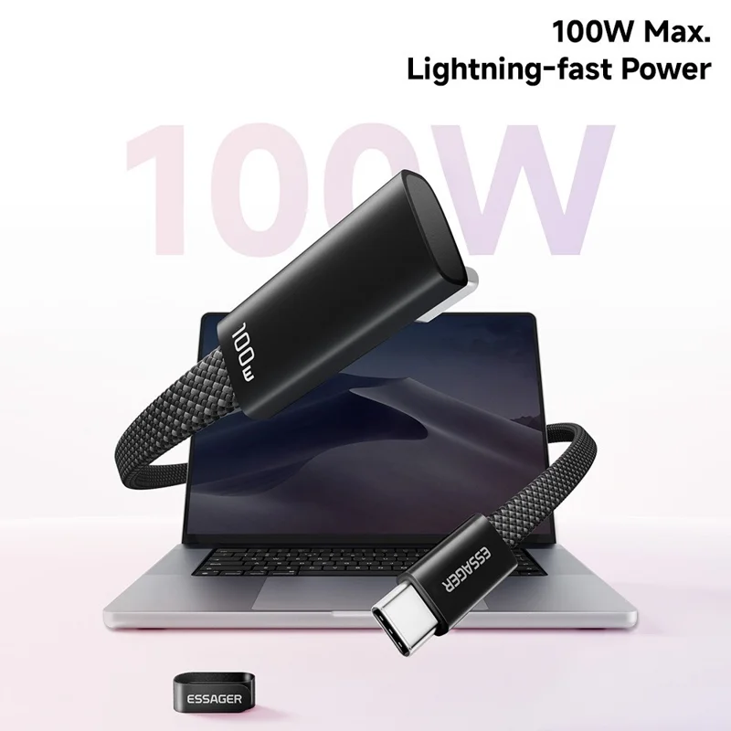 ESSAGER ES-X85 1 м кабель данных с изогнутым разъемом Type-C – Type-C, 100 Вт, 5 А, USB 2.0, 480 Мбит/с, черный