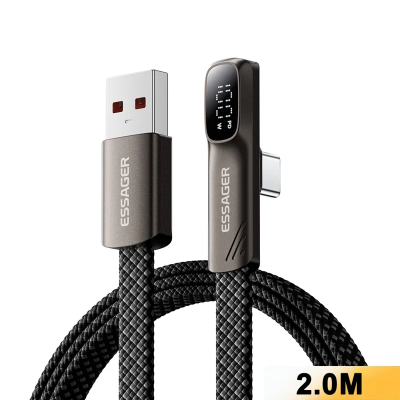 ESSAGER ES-X92 2m USB-A to Type-C 90-Degree Elbow Data Cable 7A Digital Display 480Mbps Cable - Tarnish