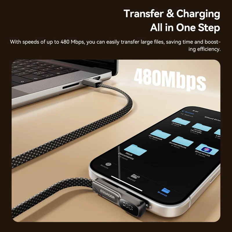 ESSAGER ES-X92 2m USB-A to Type-C 90-Degree Elbow Data Cable 7A Digital Display 480Mbps Cable - Tarnish