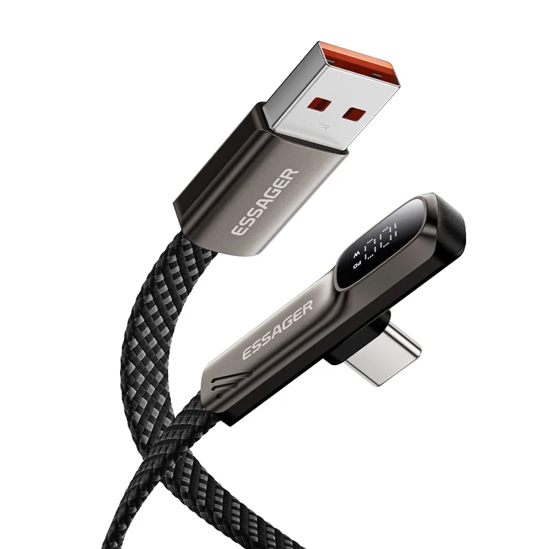 ESSAGER ES-X92 2m USB-A to Type-C 90-Degree Elbow Data Cable 7A Digital Display 480Mbps Cable - Tarnish