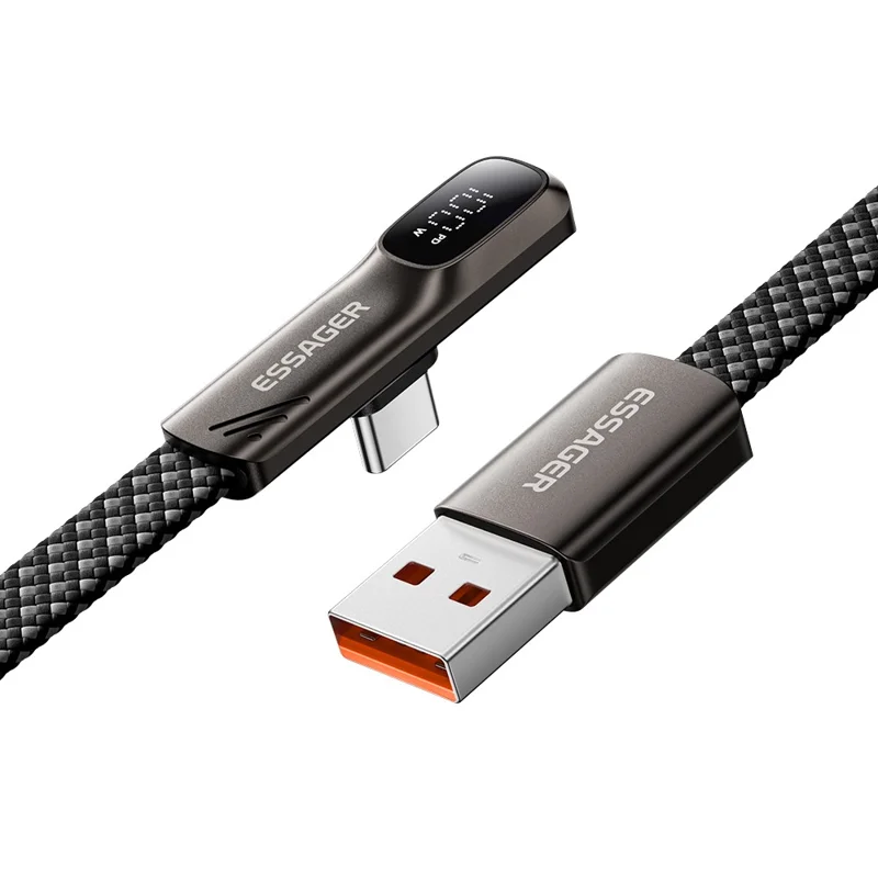 ESSAGER ES-X92 2m USB-A to Type-C 90-Degree Elbow Data Cable 7A Digital Display 480Mbps Cable - Tarnish