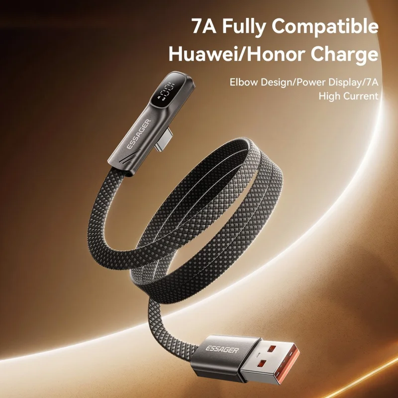 ESSAGER ES-X92 2m USB-A to Type-C 90-Degree Elbow Data Cable 7A Digital Display 480Mbps Cable - Tarnish