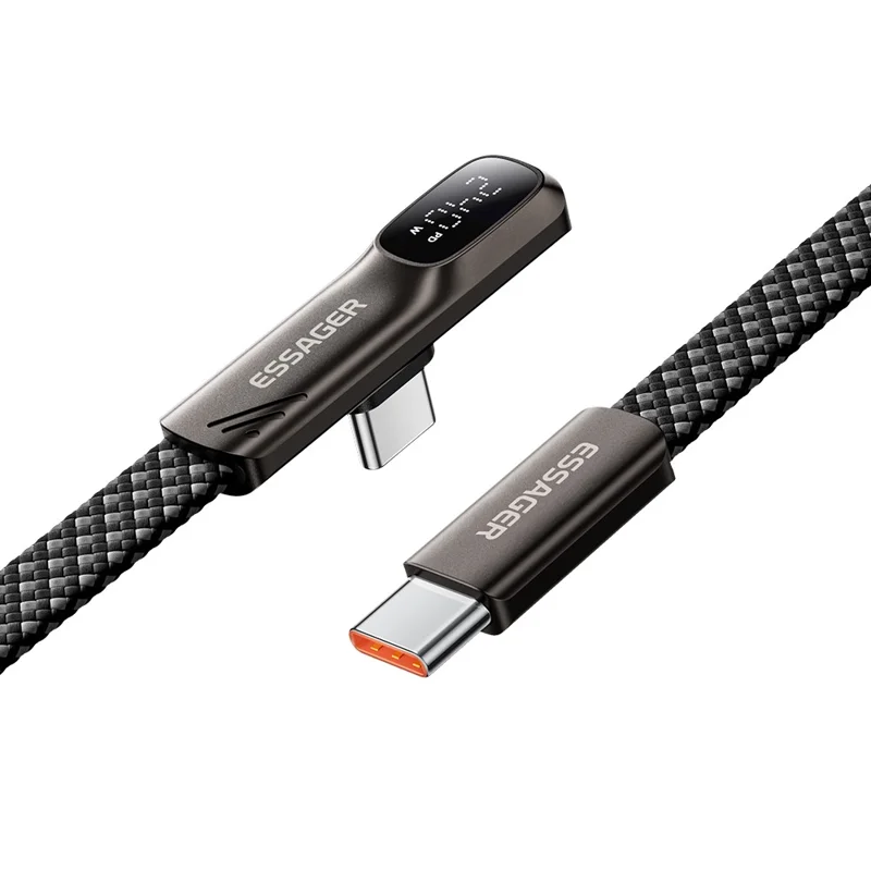 ESSAGER ES-X92 2 м кабель данных USB Type-C – USB Type-C, 240 Вт, 5 А, цифровой дисплей, зарядный кабель под углом 90 градусов — Позолоченный