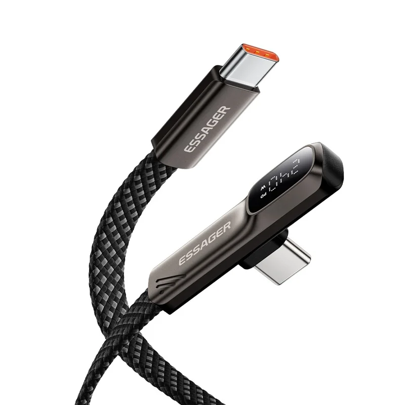 ESSAGER ES-X92 2 м кабель данных USB Type-C – USB Type-C, 240 Вт, 5 А, цифровой дисплей, зарядный кабель под углом 90 градусов — Позолоченный