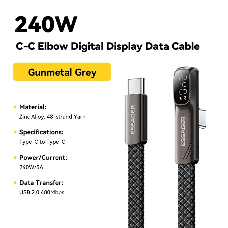 ESSAGER ES-X92 2 м кабель данных USB Type-C – USB Type-C, 240 Вт, 5 А, цифровой дисплей, зарядный кабель под углом 90 градусов — Позолоченный