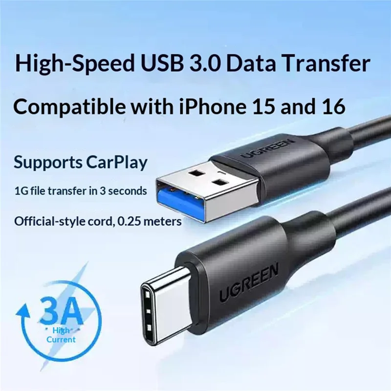 UGREEN US184 20882 0.25m 3A USB-A to USB-C 5Gbps High Speed Data Transfer USB 3.0 Cable for CarPlay - Black