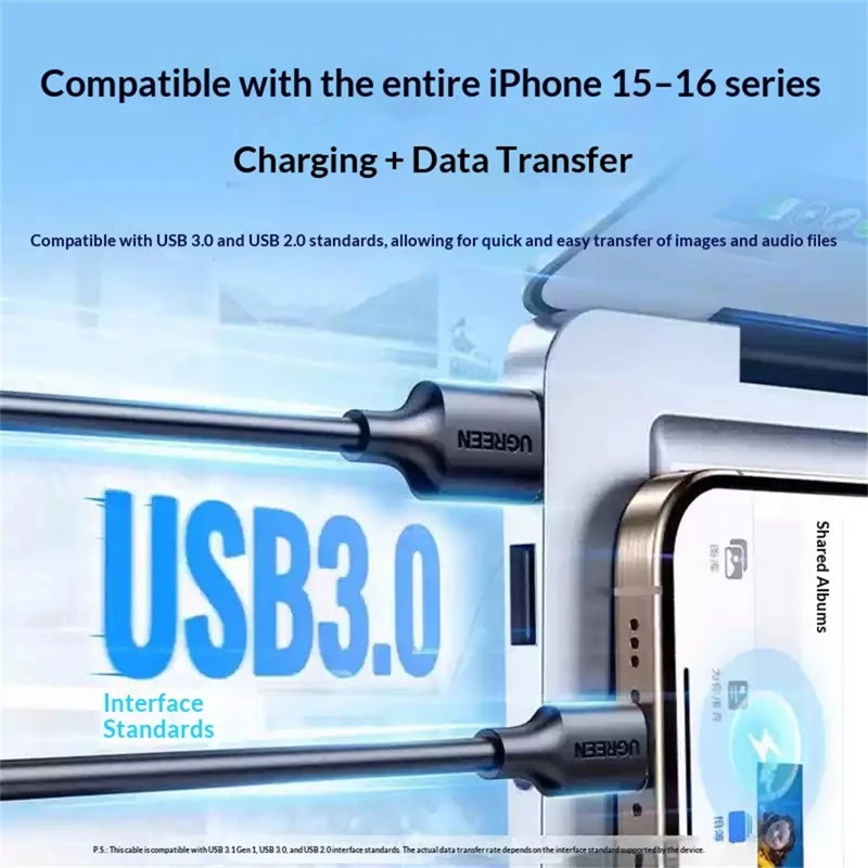 UGREEN US184 20882 0.25m 3A USB-A to USB-C 5Gbps High Speed Data Transfer USB 3.0 Cable for CarPlay - Black