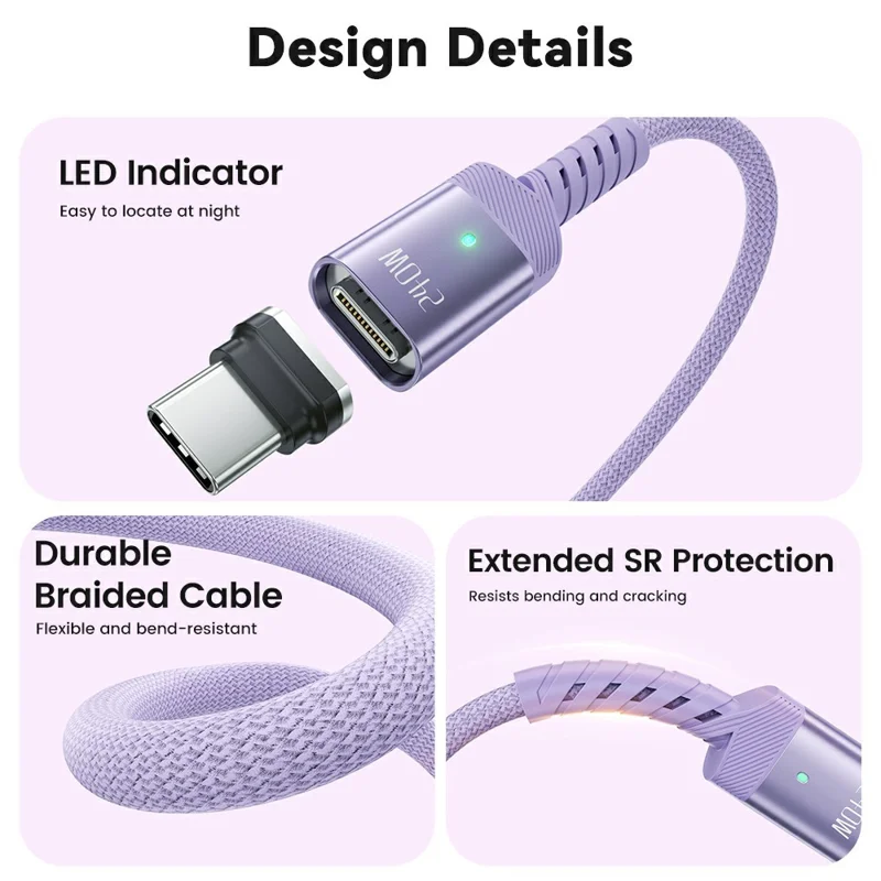 TOOCKI TX136C4 2m 240W Fast Charging USB-C Magnetic Plug Data Cable 480Mbps with Removal Clamp - Purple