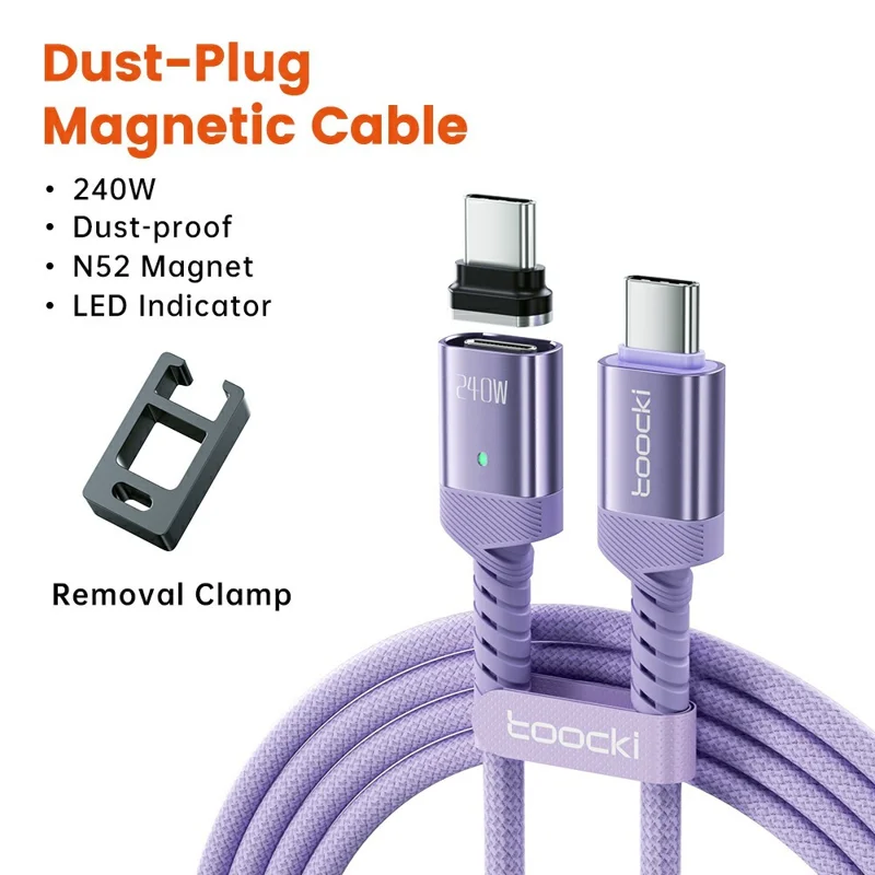 TOOCKI TX136C4 2m 240W Fast Charging USB-C Magnetic Plug Data Cable 480Mbps with Removal Clamp - Purple