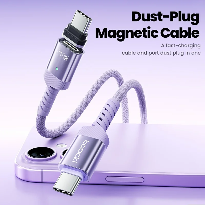 TOOCKI TX136C4 2m 240W Fast Charging USB-C Magnetic Plug Data Cable 480Mbps with Removal Clamp - Purple