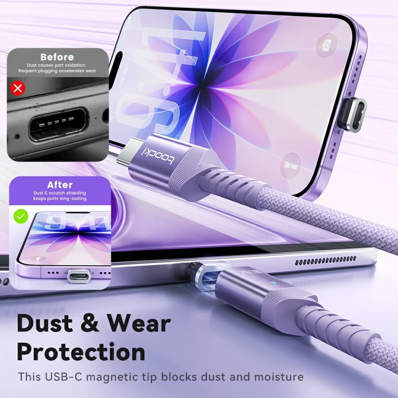 TOOCKI TX136C4 2m 240W Fast Charging USB-C Magnetic Plug Data Cable 480Mbps with Removal Clamp - Purple