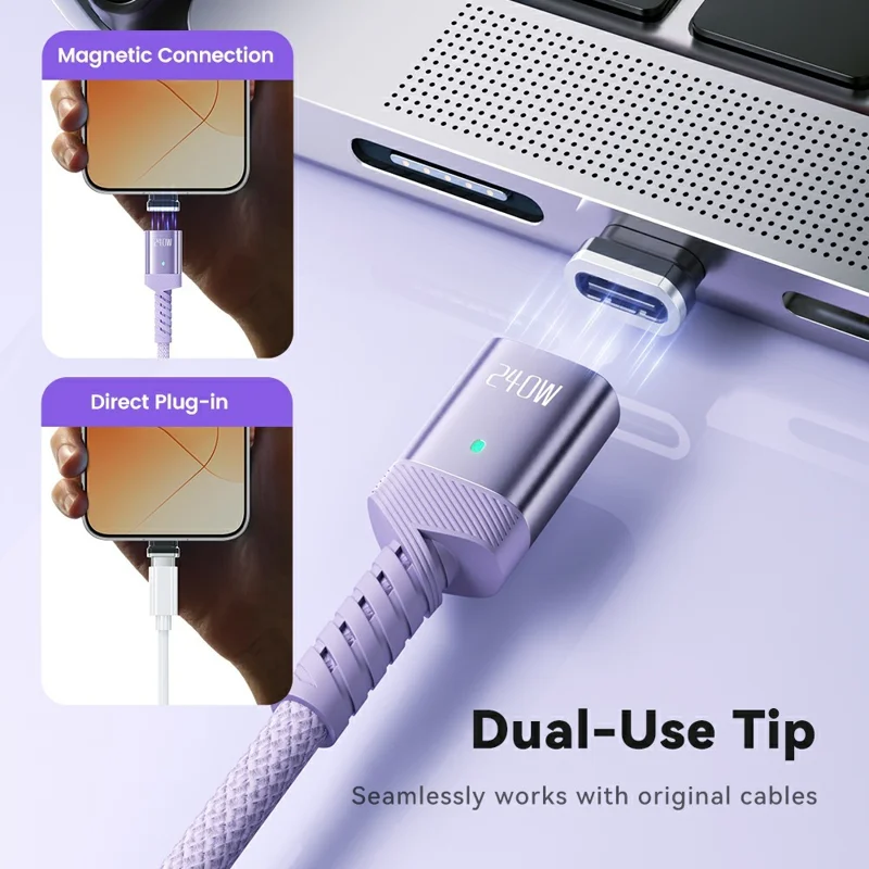 TOOCKI TX136C4 2m 240W Fast Charging USB-C Magnetic Plug Data Cable 480Mbps with Removal Clamp - Purple