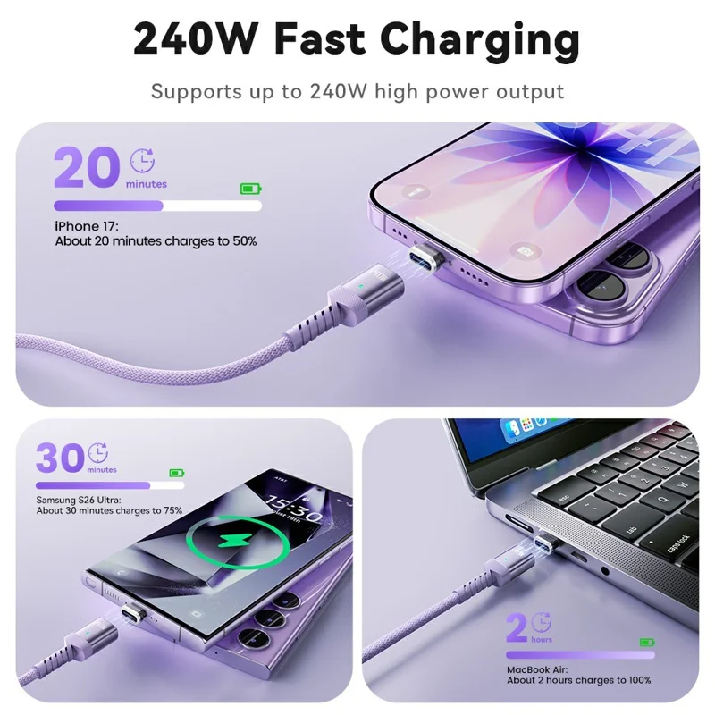 TOOCKI TX136C4 2m 240W Fast Charging USB-C Magnetic Plug Data Cable 480Mbps with Removal Clamp - Purple
