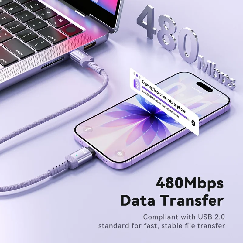 TOOCKI TX136C4 2m 240W Fast Charging USB-C Magnetic Plug Data Cable 480Mbps with Removal Clamp - Purple
