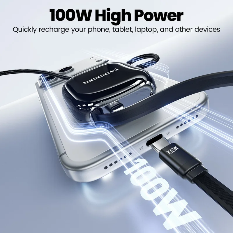 TOOCKI TX131C2 1m 100W Fast Charging USB-C to USB-C Retractable Data Cable with Braided Lanyard - Black