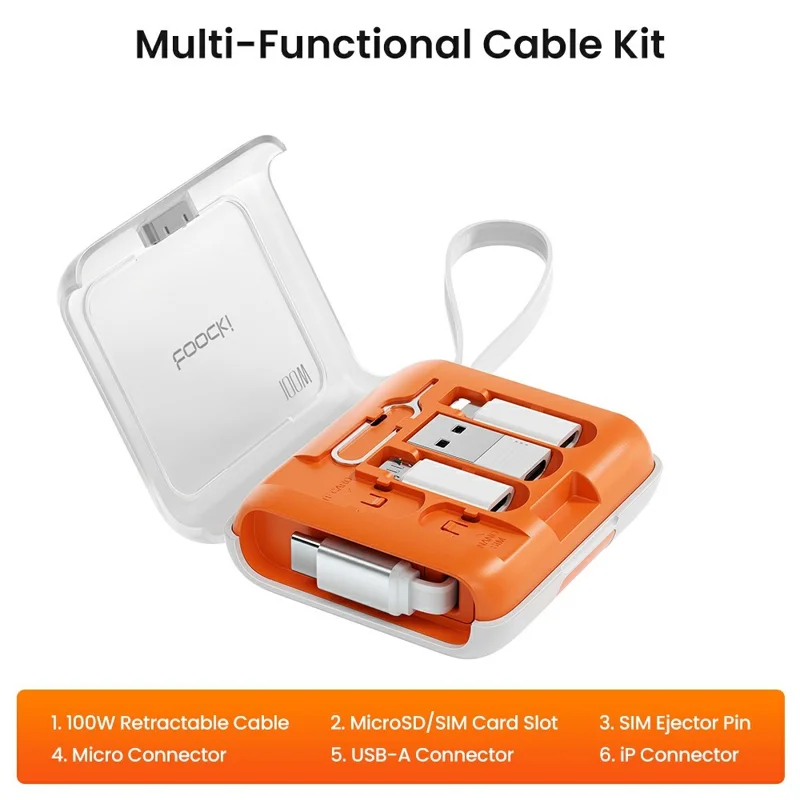 TOOCKI TX130C2 1m 100W Fast Charging USB-C Retractable Cable with iP / Mico / USB Adapter Kit with Phone Stand - White+Orange