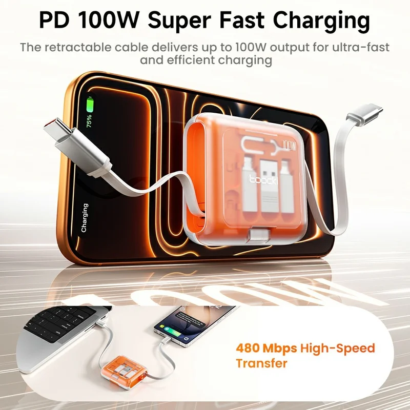 TOOCKI TX130C2 1m 100W Fast Charging USB-C Retractable Cable with iP / Mico / USB Adapter Kit with Phone Stand - White+Orange