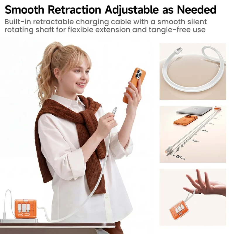TOOCKI TX130C2 1m 100W Fast Charging USB-C Retractable Cable with iP / Mico / USB Adapter Kit with Phone Stand - White+Orange