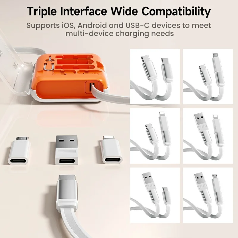 TOOCKI TX130C2 1m 100W Fast Charging USB-C Retractable Cable with iP / Mico / USB Adapter Kit with Phone Stand - White+Orange
