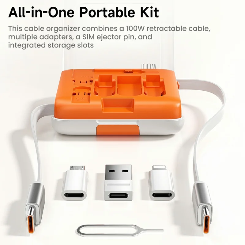 TOOCKI TX130C2 1m 100W Fast Charging USB-C Retractable Cable with iP / Mico / USB Adapter Kit with Phone Stand - White+Orange