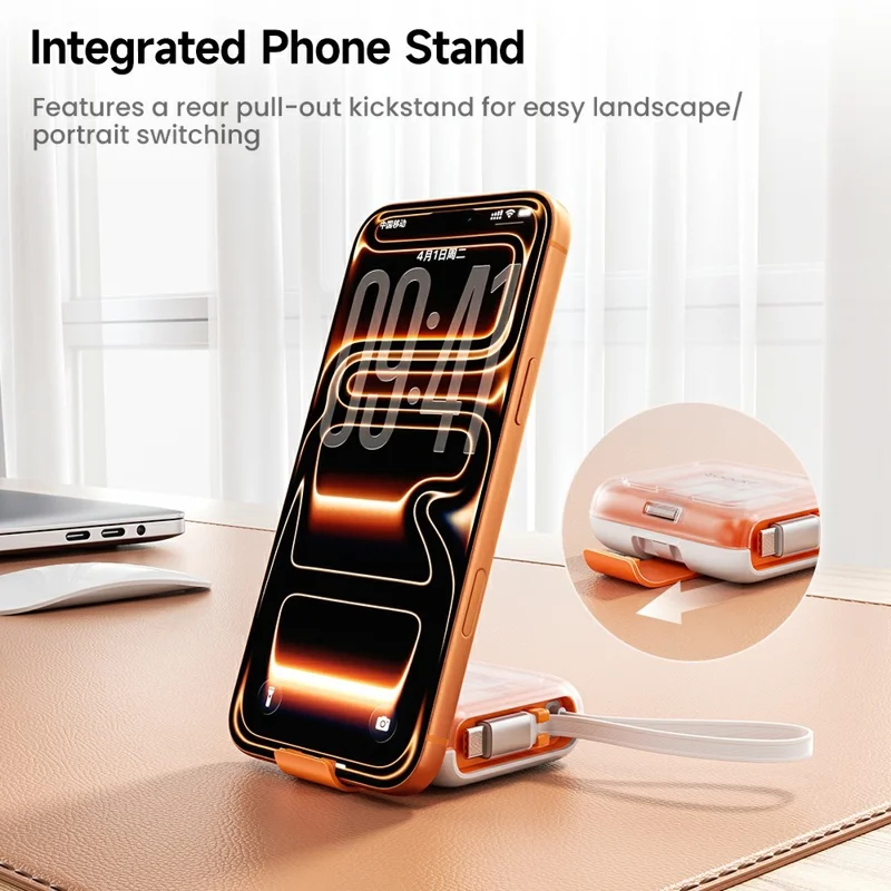TOOCKI TX130C2 1m 100W Fast Charging USB-C Retractable Cable with iP / Mico / USB Adapter Kit with Phone Stand - White+Orange