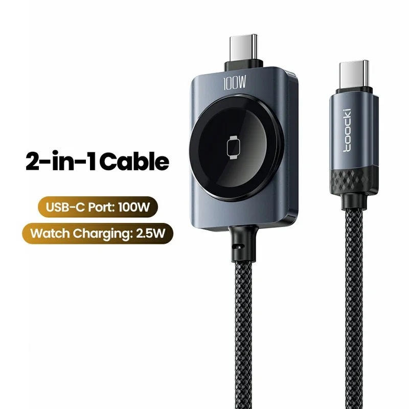 TOOCKI 1.2m 2 in 1 100W Fast Charging USB-C Data Cable with 2.5W Wireless Charger for Apple Watch - Black