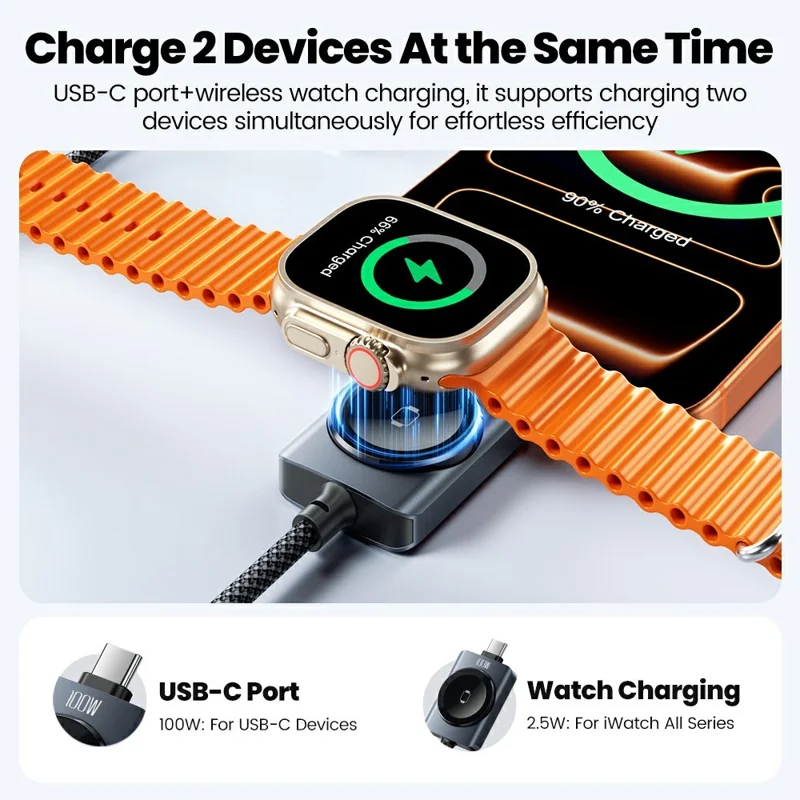 TOOCKI 1.2m 2 in 1 100W Fast Charging USB-C Data Cable with 2.5W Wireless Charger for Apple Watch - Black
